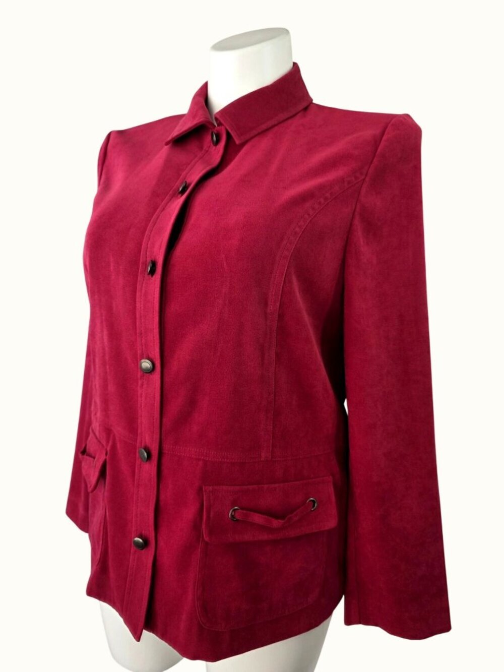 JM Ultrasuede Btn Front Shirt Women Sz XL 14 Raspberry Red Stretch Hand Pockets